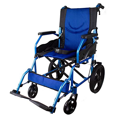 Mobiclinic, Modelo Pirámide, Silla de ruedas ortopédica de tránsito, para minuválidos y ancianos, plegable, aluminio, freno en manetas, reposapiés, reposabrazos, ligera, azul, asiento 46 cm