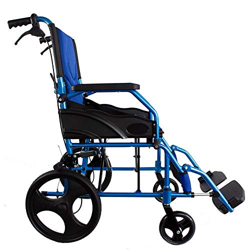 Mobiclinic, Modelo Pirámide, Silla de ruedas ortopédica de tránsito, para minuválidos y ancianos, plegable, aluminio, freno en manetas, reposapiés, reposabrazos, ligera, azul, asiento 46 cm