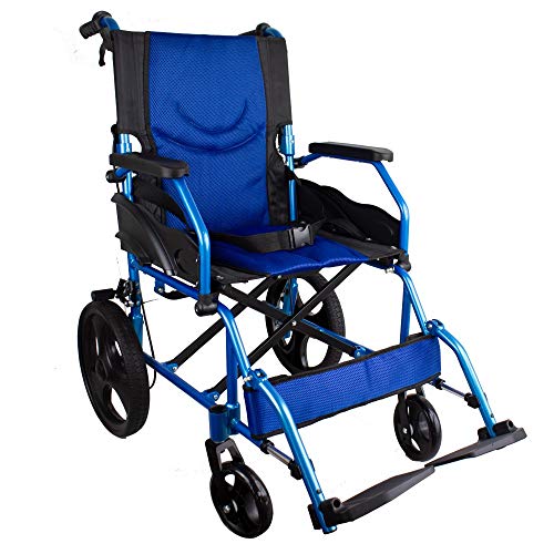 Mobiclinic, Modelo Pirámide, Silla de ruedas ortopédica de tránsito, para minuválidos y ancianos, plegable, aluminio, freno en manetas, reposapiés, reposabrazos, ligera, azul, asiento 46 cm