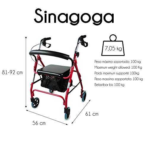 Mobiclinic, Modelo Sinagoga, Rollator con 4 ruedas, Andador para adultos, mayores, minusválidos o ancianos, andador caminador de aluminio, ayuda para caminar, ligero, plegable, con asiento, Rojo Mobiclinic, Modelo Sinagoga, Rollator con 4 ruedas, Andador para adultos, mayores, minusválidos o ancianos, andador caminador de aluminio, ayuda para caminar, ligero, plegable, con asiento, Rojo