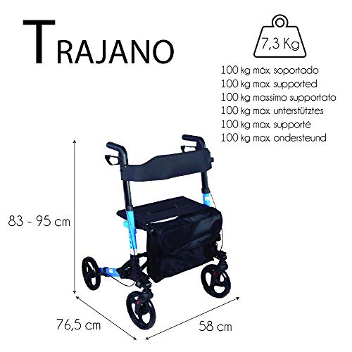 Mobiclinic, Modelo Trajano, Rollator de 4 ruedas, Andador Caminador, Andador para adultos, ancianos, minusválidos, de aluminio, ligero, plegable, con asiento y bolsa, Color Celeste