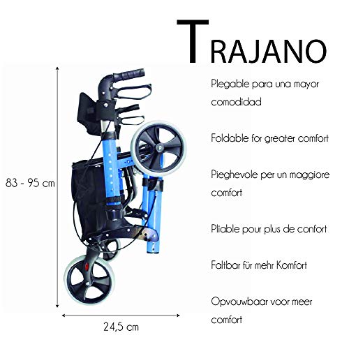 Mobiclinic, Modelo Trajano, Rollator de 4 ruedas, Andador Caminador, Andador para adultos, ancianos, minusválidos, de aluminio, ligero, plegable, con asiento y bolsa, Color Celeste