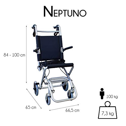 Mobiclinic, Neptuno, Silla de ruedas de tránsito para ancianos y minusválidos, plegable, aluminio, reposapiés y reposabrazos abatibles, asiento, ultraligera, frenos en manetas, negro