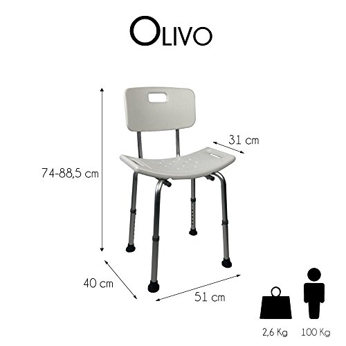 Mobiclinic, Olivo, Silla o taburete de baño, de ducha, ortopédica, altura regulable, respaldo, conteras antideslizantes