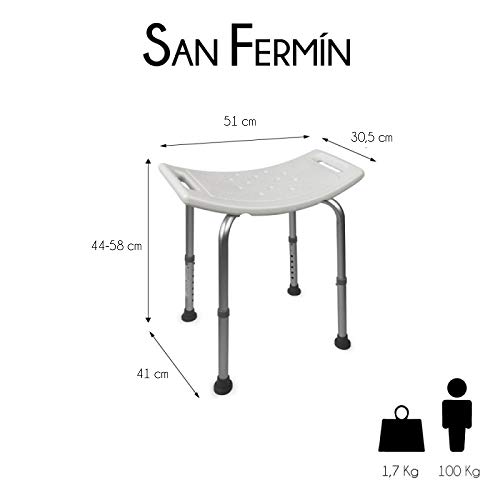 Mobiclinic, San Fermín, Silla o taburete de baño, de ducha, ortopédica, aluminio, altura regulable, respaldo, reposabrazos, conteras antideslizantes Mobiclinic, San Fermín, Silla o taburete de baño, de ducha, ortopédica, aluminio, altura regulable, respaldo, reposabrazos, conteras antideslizantes