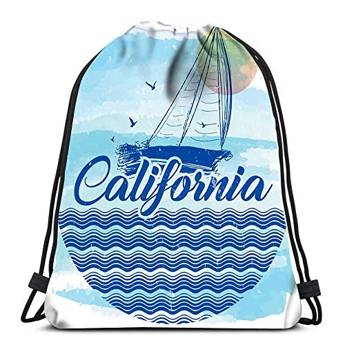 Mochila de gimnasio con cordón, bolsa de deporte California Laguna Beach Verano Viajes Universidad, mochila ligera Fo