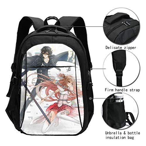 Mochila de Viaje para computadora portátil, Sword Art Online Durable Impermeable antirrobo con Puerto de Carga USB Mochila para computadora portátil Mochilas de Viaje Mochila