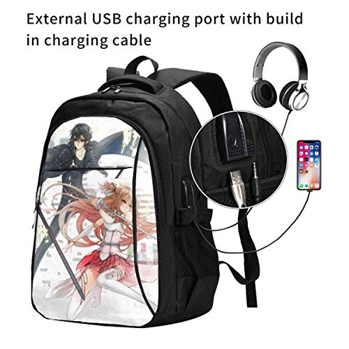 Mochila de Viaje para computadora portátil, Sword Art Online Durable Impermeable antirrobo con Puerto de Carga USB Mochila para computadora portátil Mochilas de Viaje Mochila