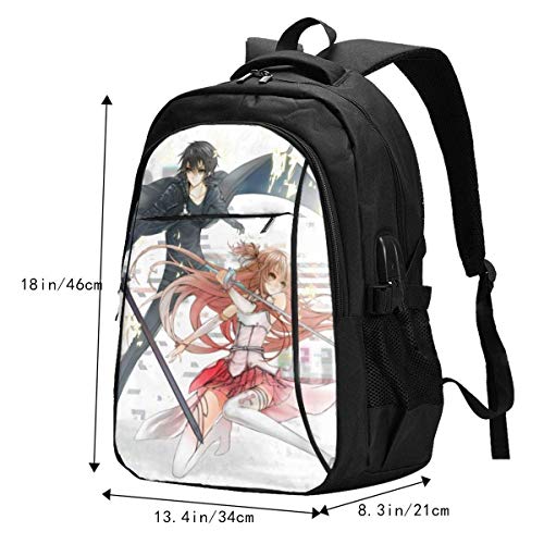 Mochila de Viaje para computadora portátil, Sword Art Online Durable Impermeable antirrobo con Puerto de Carga USB Mochila para computadora portátil Mochilas de Viaje Mochila