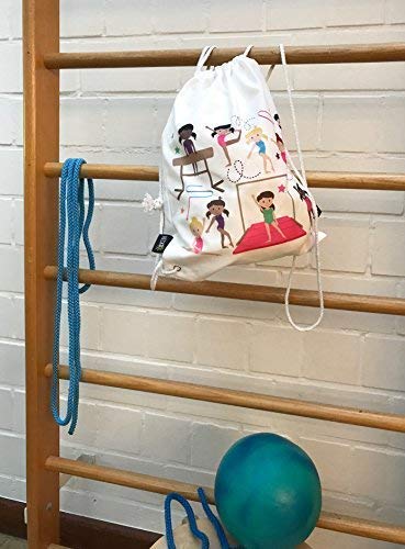 Mochila HECKBO® para niñas, bolsa de ballet de algodón - color blanco, estampada por ambos lados con gimnastas de colores, 40 x 30 cm, también adecuado para clases de gimnasia, el jardín de infancia