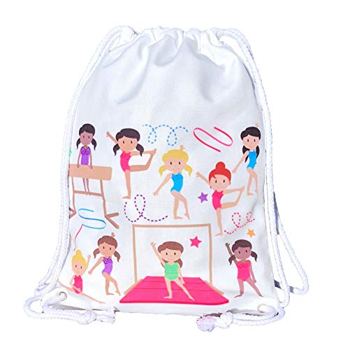 Mochila HECKBO® para niñas, bolsa de ballet de algodón - color blanco, estampada por ambos lados con gimnastas de colores, 40 x 30 cm, también adecuado para clases de gimnasia, el jardín de infancia