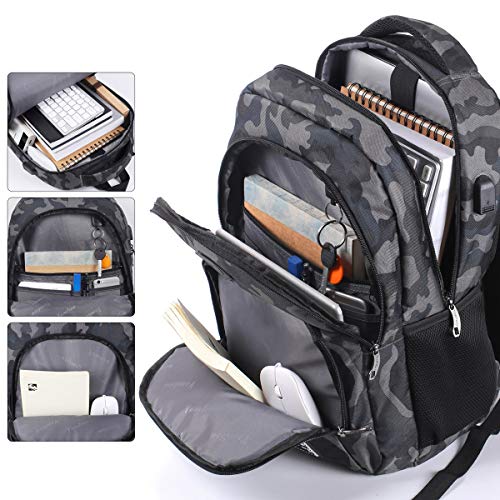 Mochila Hombre,Mochila Portatil,Mochilas Escolares Juveniles con Puerto de Carga USB (15.6 Pulgada, GJB6-camouflage Black)