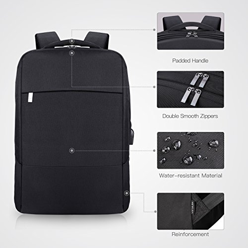 Mochila para Portátil, REYLEO Mochila Negocio Impermeable con Puerto de USB para Hombre Mujer Estudiante - Negro Mochila para Portátil, REYLEO Mochila Negocio Impermeable con Puerto de USB para Hombre Mujer Estudiante - Negro