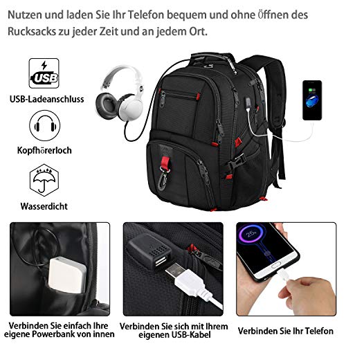 Mochila portatil Hombres, 18 Pulgadas Mochila de día Mochila Multifuncional para portátiles Impermeable Grande con Puerto de Carga USB para Hombres Negro