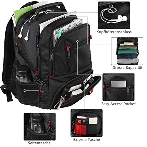 Mochila portatil Hombres, 18 Pulgadas Mochila de día Mochila Multifuncional para portátiles Impermeable Grande con Puerto de Carga USB para Hombres Negro