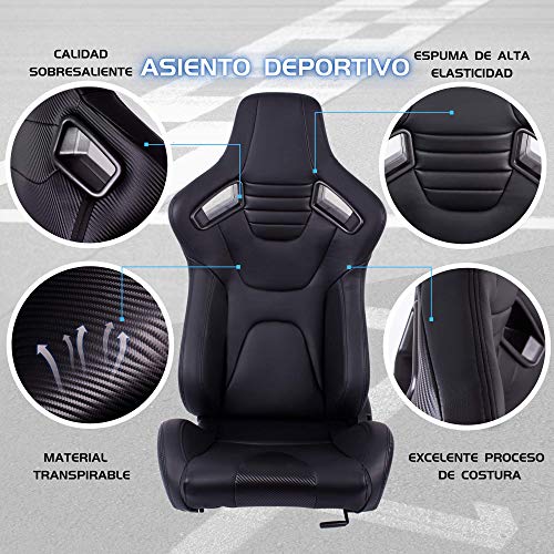 MODAUTO Asiento Deportivo Coche, Semibaquet Ajustable, de Cuero, con Ríeles incluidos, Conductor y Pasajero, Universal para Coche y Simulador de Conducción, Modelo N775L, Asiento Negro con Carbono