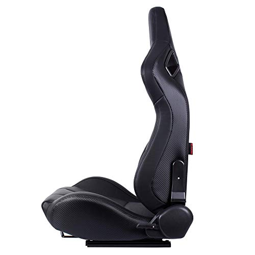 MODAUTO Asiento Deportivo Coche, Semibaquet Ajustable, de Cuero, con Ríeles incluidos, Conductor y Pasajero, Universal para Coche y Simulador de Conducción, Modelo N775L, Asiento Negro con Carbono