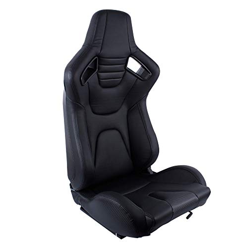 MODAUTO Asiento Deportivo Coche, Semibaquet Ajustable, de Cuero, con Ríeles incluidos, Conductor y Pasajero, Universal para Coche y Simulador de Conducción, Modelo N775L, Asiento Negro con Carbono