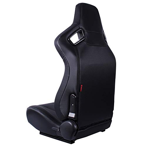 MODAUTO Asiento Deportivo Coche, Semibaquet Ajustable, de Cuero, con Ríeles incluidos, Conductor y Pasajero, Universal para Coche y Simulador de Conducción, Modelo N775L, Asiento Negro con Carbono