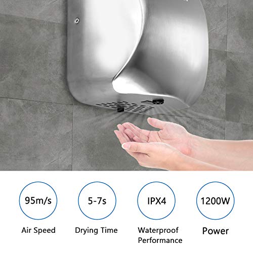 Modundry Secador de Manos Automático Alta Velocidad de Acero Inoxidable Cepillado, Secador de Manos Eléctrico de Servicio Pesado, Comercial y Hogar, 1200W Modundry Secador de Manos Automático Alta Velocidad de Acero Inoxidable Cepillado, Secador de Manos Eléctrico de Servicio Pesado, Comercial y Hogar, 1200W