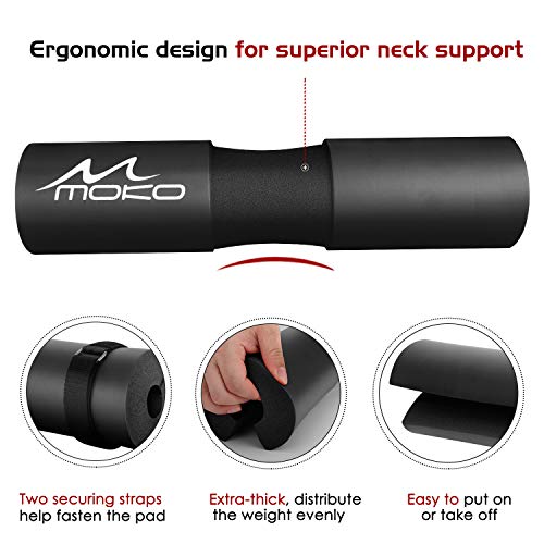 MoKo Almohadilla de Protección Ergonómica, Barras de Pesas Almohadilla de Sentadillas Avanzada con Correas de Seguridad, Barbell Squat Pad Cojín de Cuello y Hombros para Empuje de Cadera - Negro