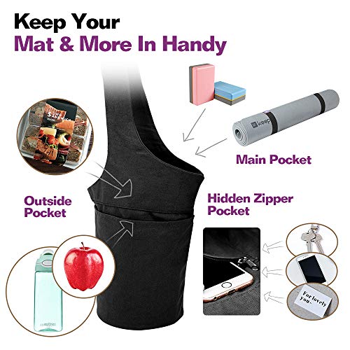 MoKo Bolsa de Colchoneta de Yoga, Bolsa de Transporte Ligera con Bolsillo Grande & Bolsillo con Cremallera, Reutilizable Soporte para Colchonetas de Yoga para Hombres y Mujeres - Negro