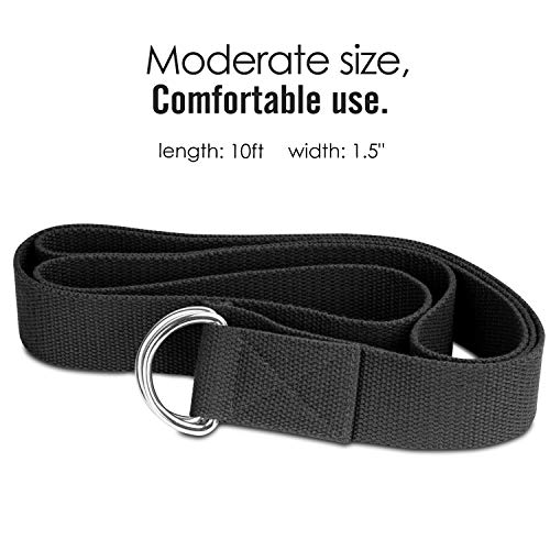 MoKo Yoga Correa - [2 Pzs] Durable Algodón Suave de Estiramiento Fitness Ejercicio Físico Band con D-Ring Metal & Strap Belt 6ft - Negro