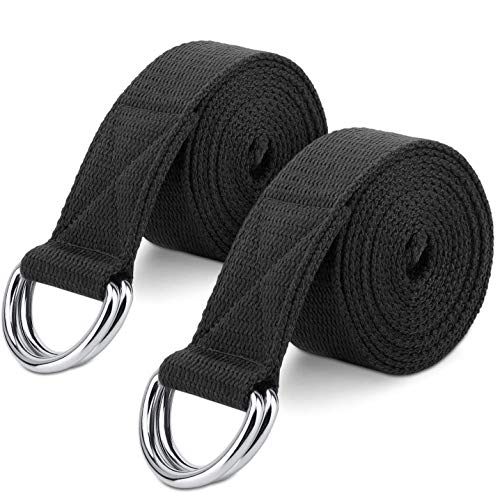 MoKo Yoga Correa - [2 Pzs] Durable Algodón Suave de Estiramiento Fitness Ejercicio Físico Band con D-Ring Metal & Strap Belt 6ft - Negro