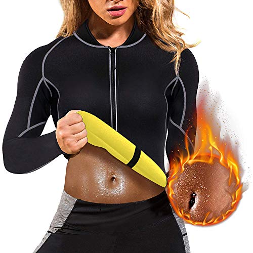 MoneRffi Ladies Body Shaper Traje de Sauna Entrenador de Cintura Traje de Neopreno Camisa de Control de Abdomen Quemador de Grasa Fajas Top Gym Traje de Sudadera Caliente Pérdida de Peso con Mangas