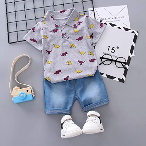 Moneycom❤ - Conjunto de camiseta para niños de manga corta con diseño de dinosaurio + pantalón vaquero para cumpleaños, chic, ceremonia y boda 2019, color blanco, gris, amarillo gris 12-18 Meses