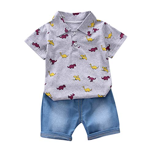 Moneycom❤ - Conjunto de camiseta para niños de manga corta con diseño de dinosaurio + pantalón vaquero para cumpleaños, chic, ceremonia y boda 2019, color blanco, gris, amarillo gris 12-18 Meses