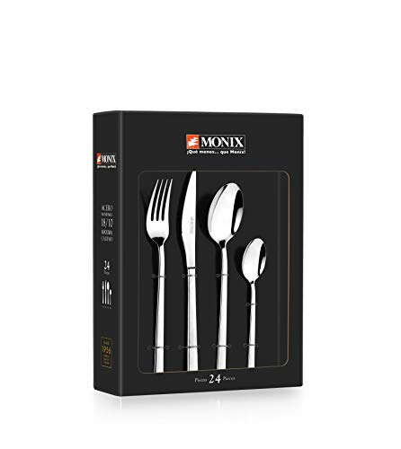 Monix Siena - Set de cubiertos de 24 piezas con cuchillo chuletero, acero inoxidable 18/10, diseño contemporaneo,acabado pulido brillante, espesor 3 mm (6 comensales)