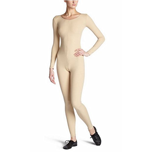 Mono Traje De Baile Body Unitard Para Mujer Con Cuello Redondo De Manga Larga - Beige, M