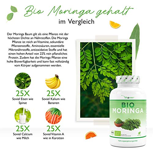 Moringa Orgánica - 300 cápsulas con 600 mg - 100% BIO Moringa Oleifera - Superalimento especialmente rico en proteínas, aminoácidos, vitaminas, minerales y omega 3 - Vegano