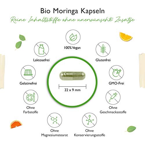 Moringa Orgánica - 300 cápsulas con 600 mg - 100% BIO Moringa Oleifera - Superalimento especialmente rico en proteínas, aminoácidos, vitaminas, minerales y omega 3 - Vegano