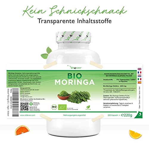 Moringa Orgánica - 300 cápsulas con 600 mg - 100% BIO Moringa Oleifera - Superalimento especialmente rico en proteínas, aminoácidos, vitaminas, minerales y omega 3 - Vegano