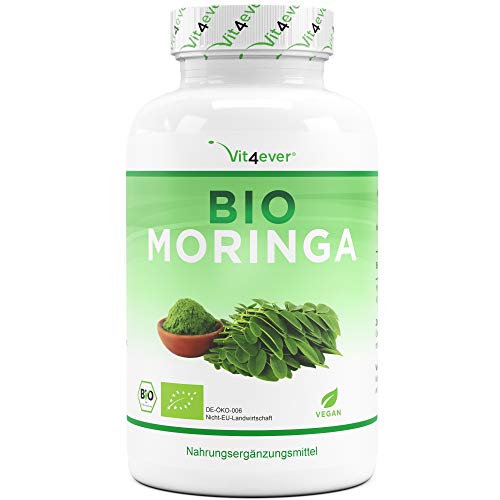 Moringa Orgánica - 300 cápsulas con 600 mg - 100% BIO Moringa Oleifera - Superalimento especialmente rico en proteínas, aminoácidos, vitaminas, minerales y omega 3 - Vegano