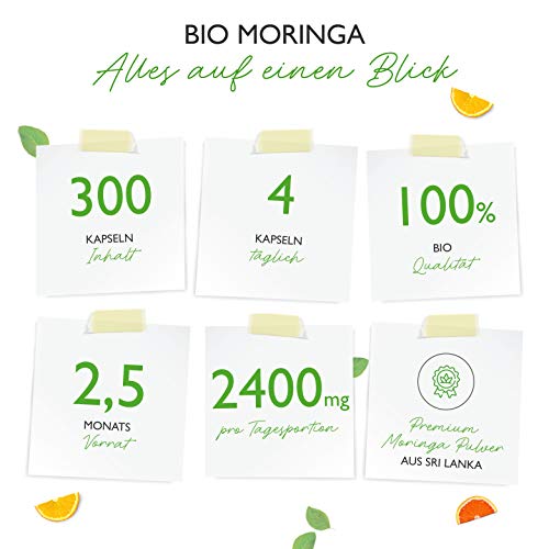 Moringa Orgánica - 300 cápsulas con 600 mg - 100% BIO Moringa Oleifera - Superalimento especialmente rico en proteínas, aminoácidos, vitaminas, minerales y omega 3 - Vegano