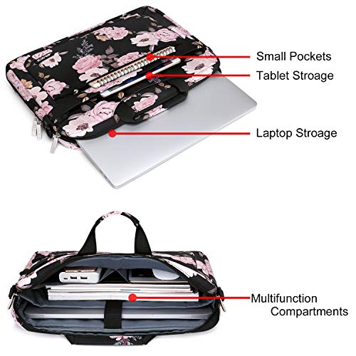 MOSISO Bolso Bandolera para Portátil Compatible con 13-13.3 Pulgadas MacBook Pro/MacBook Air/Notebook, Funda para Maletín Poliéster Peony Messenger con Profundidad Ajustable Parte Inferior, Negro