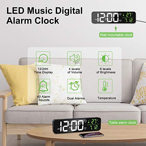 MOSUO Reloj Despertador Digital, Reloj de Pared con Temperatura Tiempo Fecha, 10" Gran Pantalla LED Espejo Reloj Digital con 2 Alarma 40 Música 6 Niveles de Brillo USB Puerto, Negro