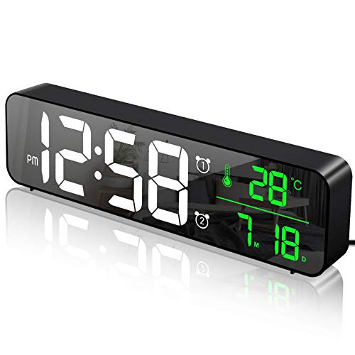 MOSUO Reloj Despertador Digital, Reloj de Pared con Temperatura Tiempo Fecha, 10" Gran Pantalla LED Espejo Reloj Digital con 2 Alarma 40 Música 6 Niveles de Brillo USB Puerto, Negro