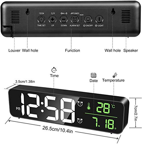 MOSUO Reloj Despertador Digital, Reloj de Pared con Temperatura Tiempo Fecha, 10" Gran Pantalla LED Espejo Reloj Digital con 2 Alarma 40 Música 6 Niveles de Brillo USB Puerto, Negro