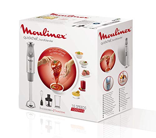 Moulinex QuickChef DD655D Batidora de Mano de 1000 W, con Regulador de 10 Velocidad Turbo con 2 Accesorios para Picar y para Montar y Vaso Medidor, Cúpula Antisalpicaduras, Acero