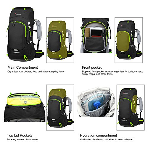 MOUNTAINTOP 50L Mochila de Senderismo Impermeable Multifuncion Mochila de Camping al Aire Libre con Cubierta de Lluvia para Trekking Viajes Montaña Acampada Escalada (Negro)