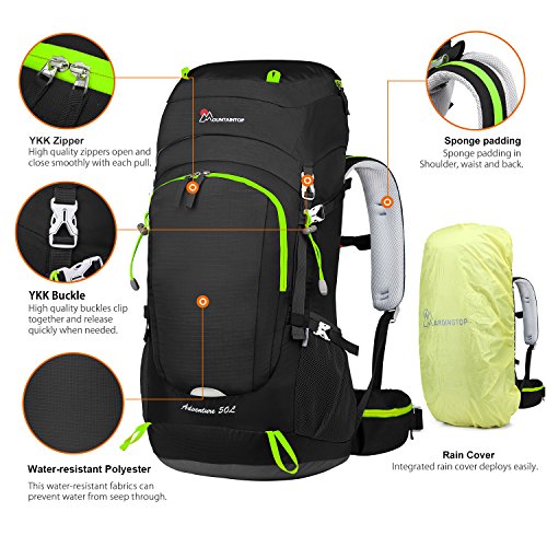 MOUNTAINTOP 50L Mochila de Senderismo Impermeable Multifuncion Mochila de Camping al Aire Libre con Cubierta de Lluvia para Trekking Viajes Montaña Acampada Escalada (Negro)