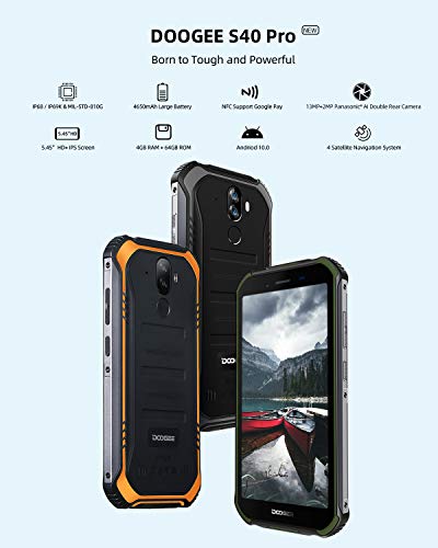 Móviles, DOOGEE S40 Pro Móvil Resistente, 4GB + 64GB(SD 256GB) Android 10 Smartphone 4G de 5.45" HD+ Pantalla, Cámara 13MP+2MP, Cámara Frontal 5MP, 4650mAh Movil Antigolpes, NFC-Negro