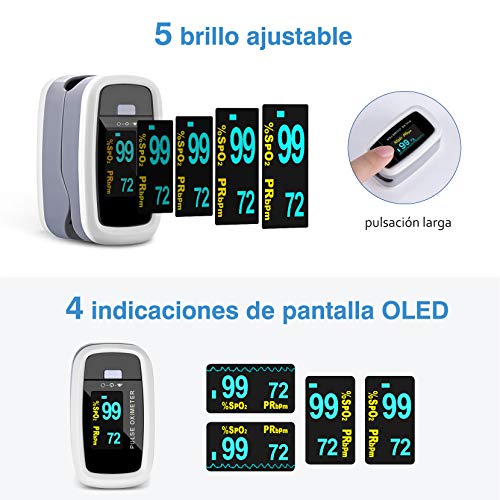 Mpow Oxímetro de Pulso, Pulsioximetro de Dedo, Oximetro Dedo con Pantalla OLED Rotatorio Bicolor, Ajustable de Brillo, Oxímetro Para el Cuidado de la Salud Familiar, Lectura Instantánea