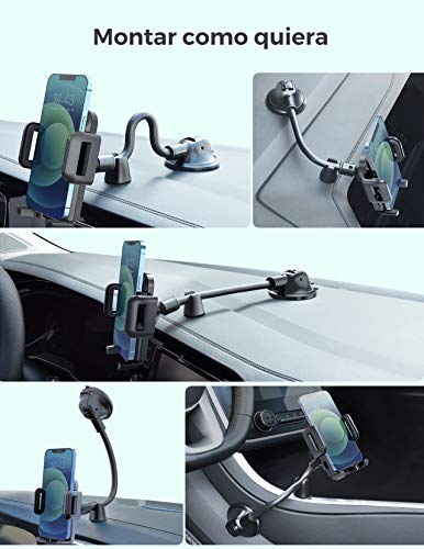 Mpow Soporte Móvil Coche, Soporte del Coche Móvil Universal para Salpicadero y Parabrisas con Ventosa de Gel Fuerte y Fijador Antivibración, para iPhone 12/11/SE/X/8/7 Plus, Galaxy S9/S8, Xiaomi ect