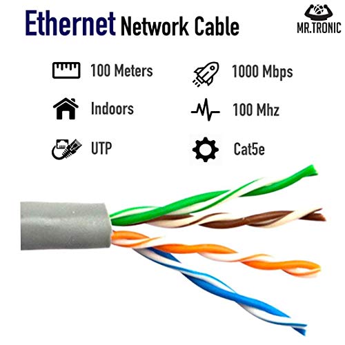 Mr. Tronic 100m Cable de Instalación Red Ethernet Bobina | CAT5E, AWG24, CCA, UTP | Color Gris (100 Metros)