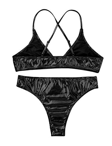 MSemis Bikini Push Up para Mujer Conjunto de Lencería Color Metálico Bikinis Brasileños Sexy Babydoll Traje de Baño Wetlook Traje Pole Dance Clubwear Negro X-Large